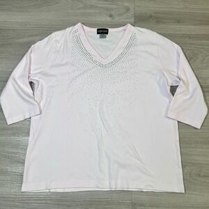 Logan Jade Pink Rhinestone V Neck 3/4 Sleeve Top Women XL Sparkle Bling